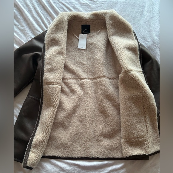 Mango faux leather shearling lined coat jacket brown cream zip size M NWT - Picture 4 of 11